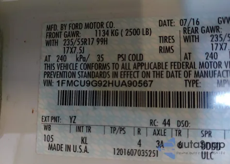 2017 Ford Escape Se z USA, uszkodzony, nr VIN 1FMCU9G92HUA90567